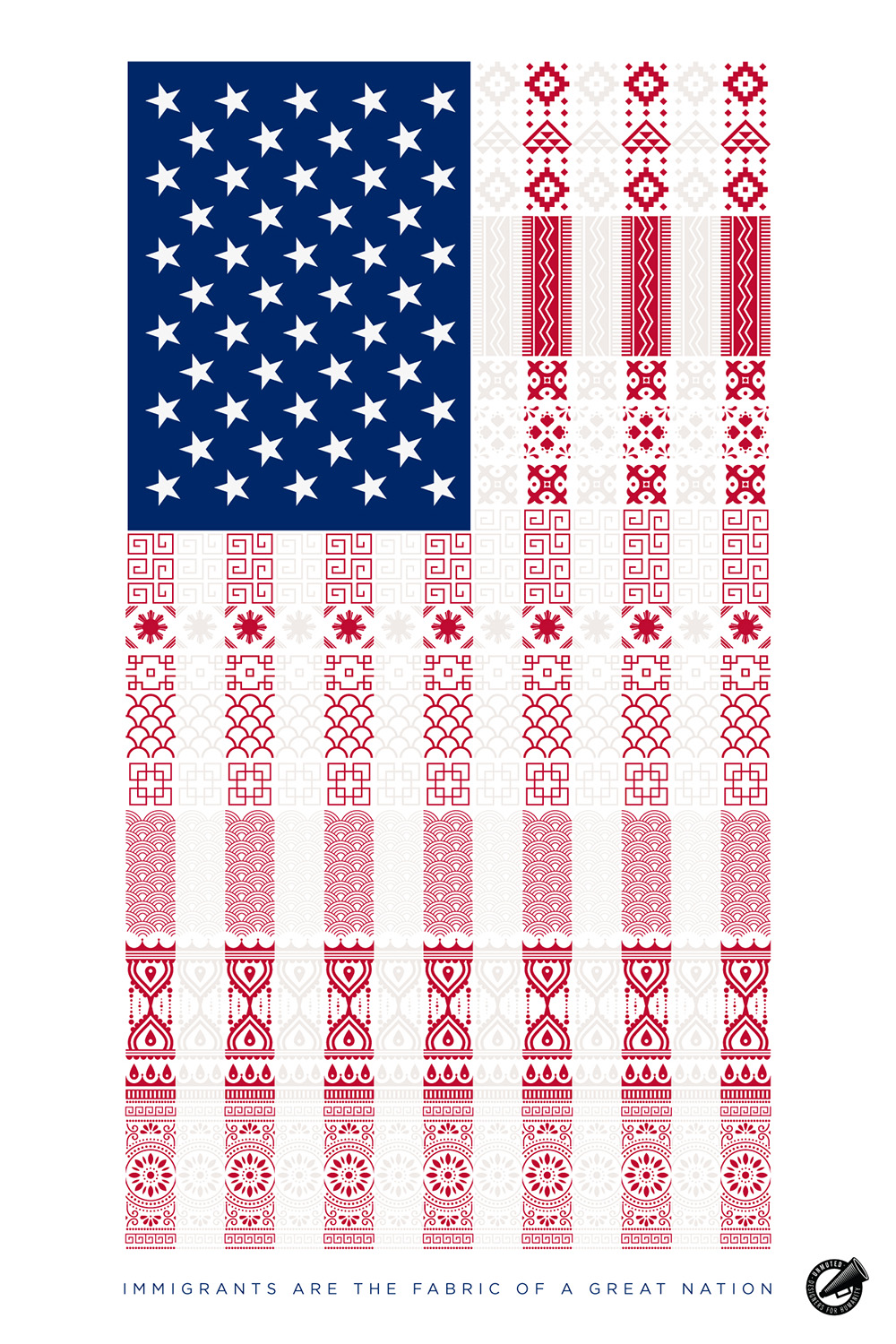 American flag with interwoven folk patterns from different cultures.